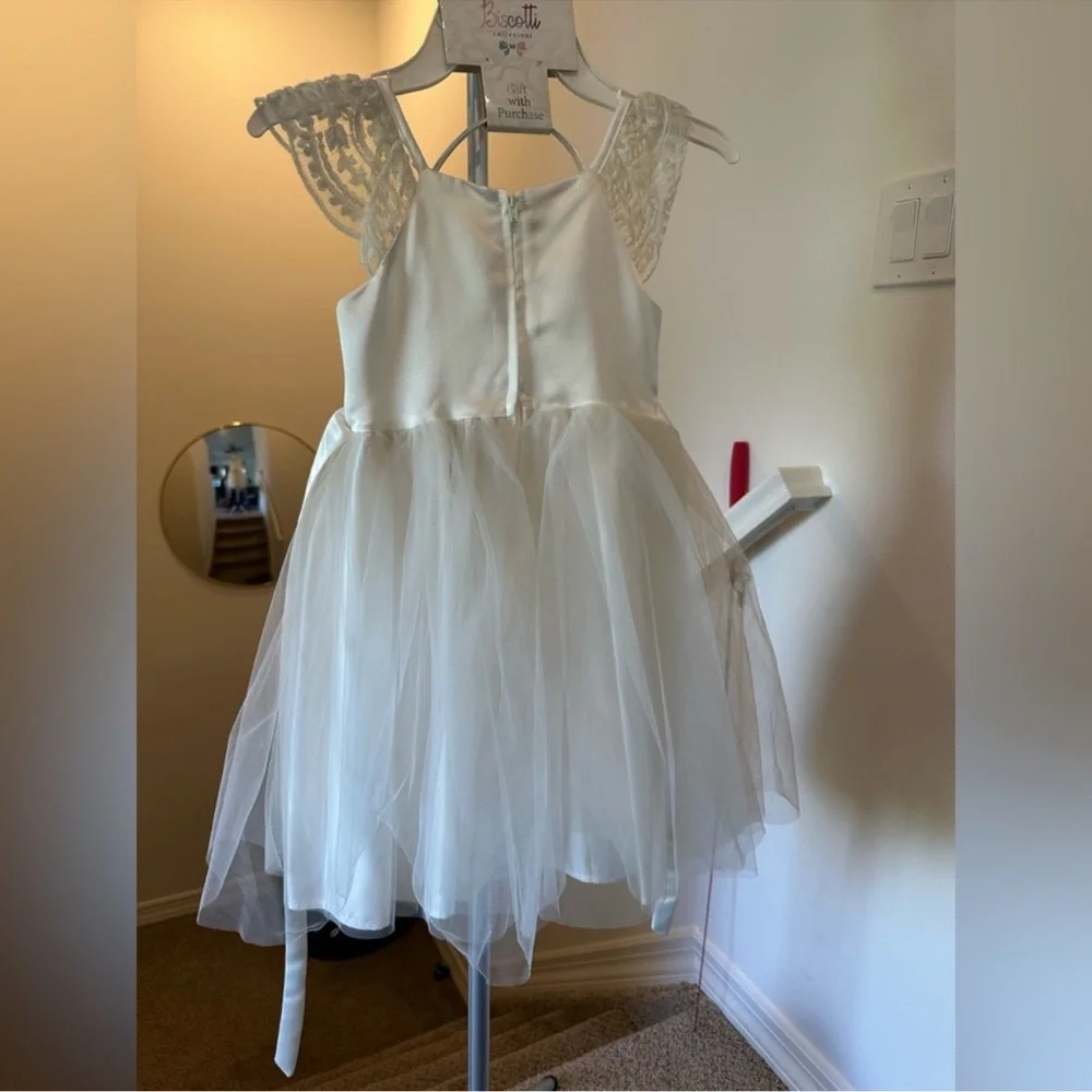 Biscotti Flower Girl White Dress with Lace Shoulders & Matching Bow Headband